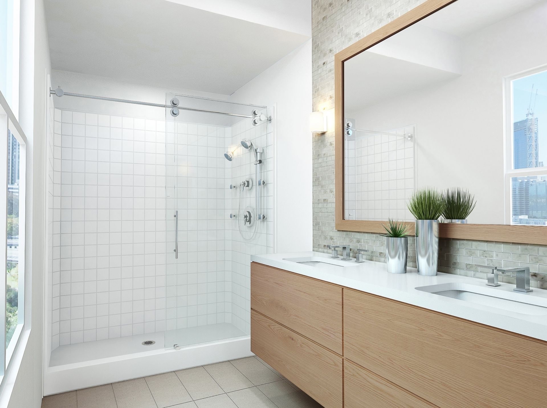 Spare, Scandinavian bathroom idea with white tile and glass shower doors