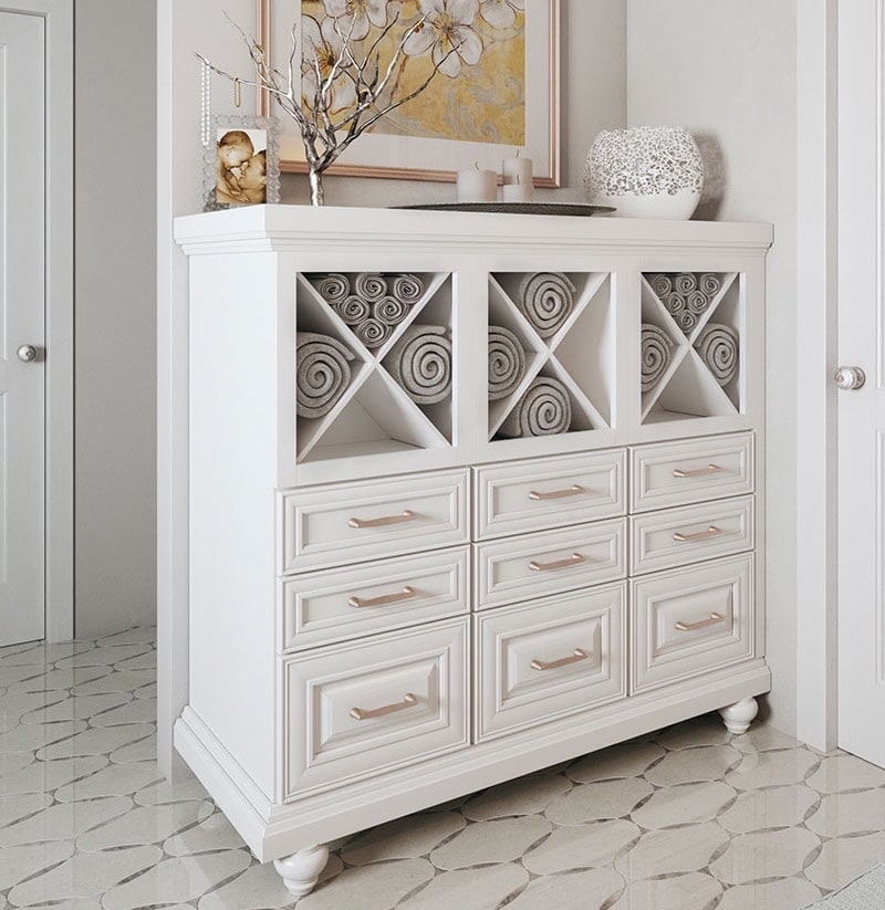 White-painted wood stand-alone bathroom storage cabinet with drawers and open shelves